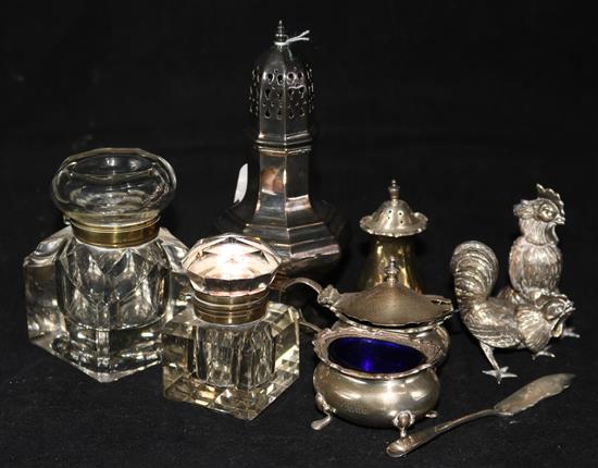 Two glass inkwells and mixed silver plate.